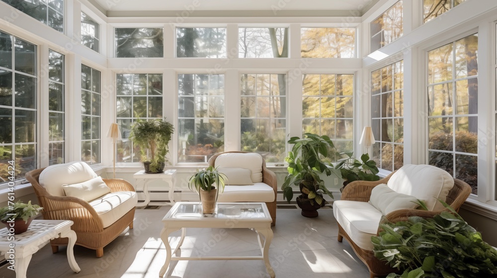 Fototapeta premium Sunroom with floor-to-ceiling windows overlooking a serene garden.