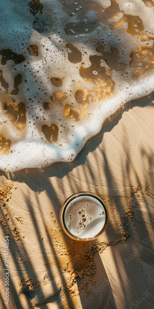 Mobile vertical wallpaper top view of a beer pint glass at a tropical beach. Sunlight.. Story post. - obrazy, fototapety, plakaty 