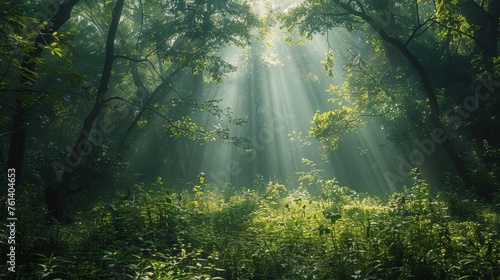 Sun Shines Through Trees in Green Forest © olegganko