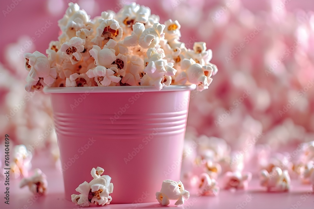 A pink bucket filled with popcorn on a simple background setting. Concept Pink Popcorn Bucket, Snack Photography, Simple Background