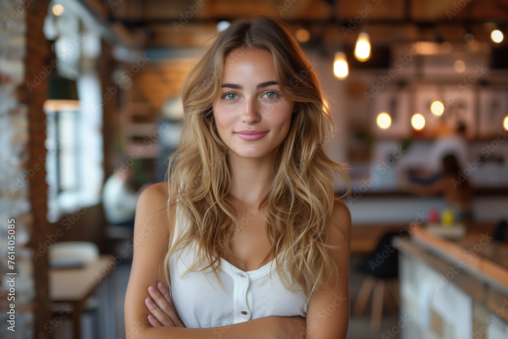 Portrait of a beautiful girl standing in a cafe Portrait of a beautiful girl standing in a cafe