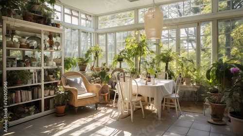 Sunroom with floor-to-ceiling shelving filled with indoor plants.