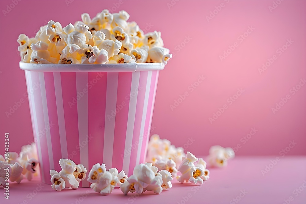 A Pink Bucket Overflowing with Popcorn on a Plain Background. Concept Food Photography, Pink Props, Overflowing Popcorn, Plain Background A Pink Bucket Overflowing with Popcorn on a Plain Background. Concept Food Photography, Pink Props, Overflowing Popcorn, Plain Background
