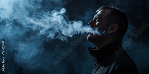 Smoking man lets smoke out of his mouth, side view on dark background