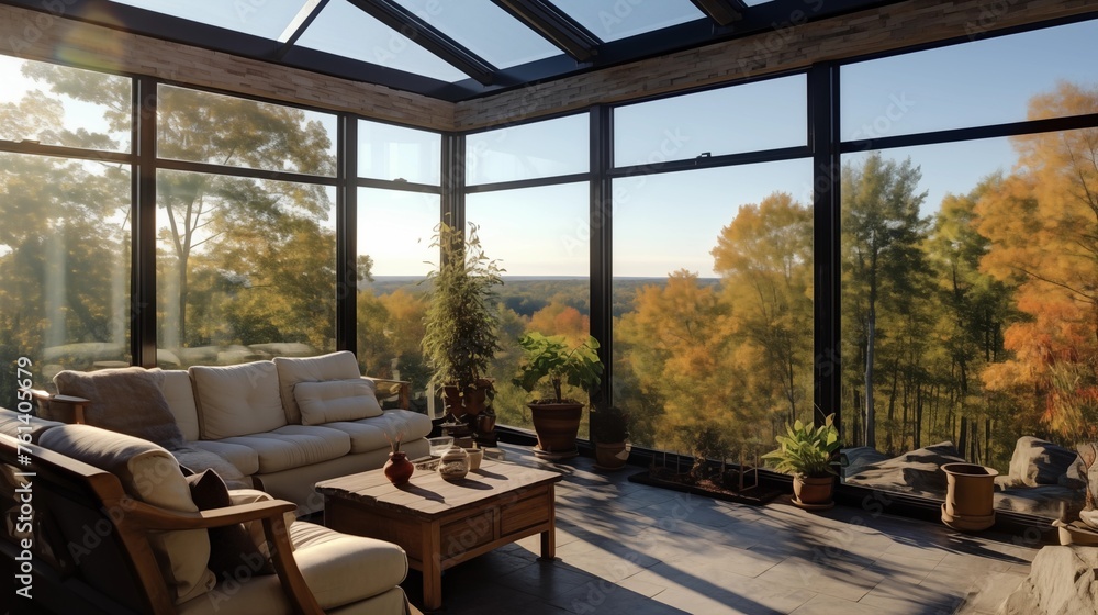 Fototapeta premium Sunroom with frameless glass walls for an unobstructed view.