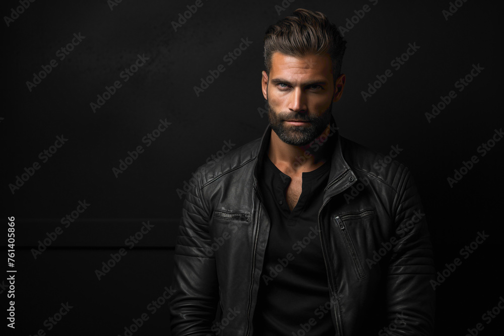 A male model striking a confident pose against a sleek black wall background.