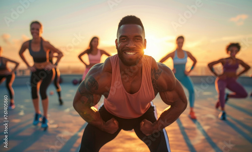 A smiling man and a group of women doing lunges on a rooftop at sunset, in sportswear