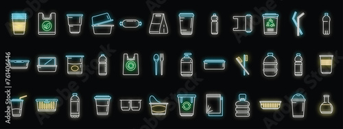Biodegradable plastic icons set outline vector. Trash bag. Basket bin neon color isolated