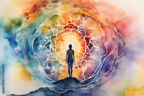 Human and universe power watercolor painting chakra reiki, inspiration abstract thought world universe inside your mind