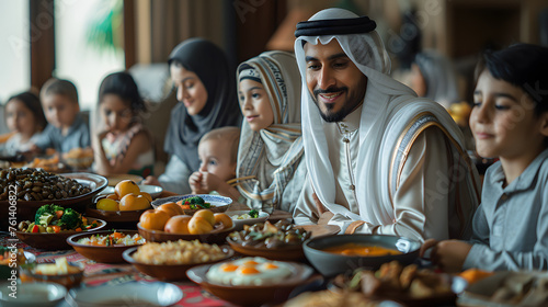 Happy Muslim parents having an evening meal with their kids at the dining table at home.