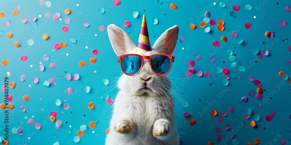 Carnival, Sylvester or other holiday celebrations, fun animal cards - the Easter Bunny with party hats and sunglasses on a blue background with confetti - obrazy, fototapety, plakaty 
