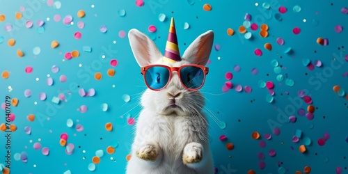 Carnival, Sylvester or other holiday celebrations, fun animal cards - the Easter Bunny with party hats and sunglasses on a blue background with confetti photo