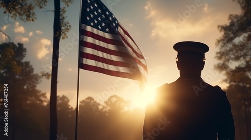 Soldier with american flag at sunrise symbolizing national holidays and patriotism