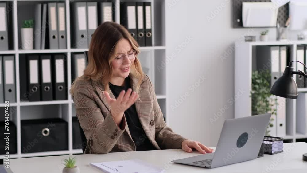 Friendly Caucasian female freelancer talking on video call, relaxing in office during work break. Online meeting with friends or family, remote communication, leisure and recreation concept. Friendly Caucasian female freelancer talking on video call, relaxing in office during work break. Online meeting with friends or family, remote communication, leisure and recreation concept.