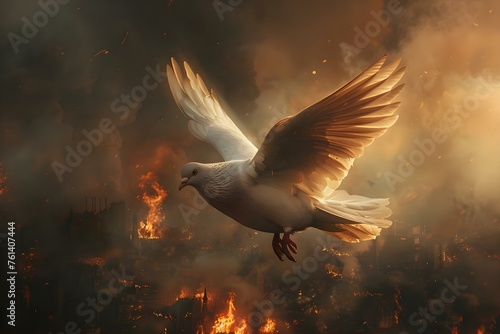 A peaceful dove soars above a city engulfed in flames below. Concept Disaster, Urban Destruction, Nature's Beauty © Anastasiia