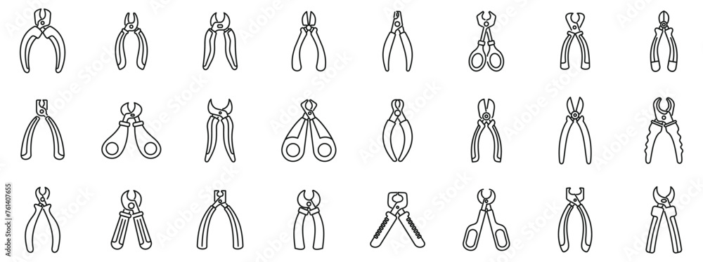 Claw cutter icons set outline vector. Animal pet tool. Care domestic grooming Claw cutter icons set outline vector. Animal pet tool. Care domestic grooming