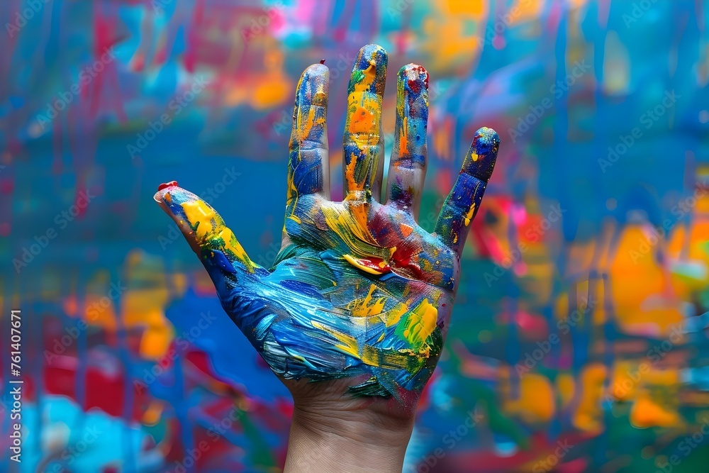 Hands covered in paint showcasing diverse sign languages on colorful background. Concept Diverse Sign Languages, Hands covered in Paint, Colorful Background, Communication, Inclusivity