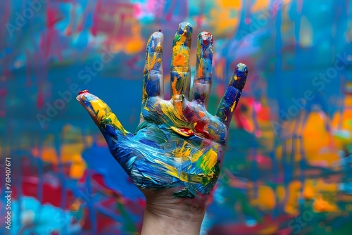 Hands covered in paint showcasing diverse sign languages on colorful background. Concept Diverse Sign Languages, Hands covered in Paint, Colorful Background, Communication, Inclusivity