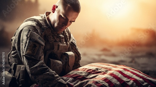 American soldier saluting the flag at sunrise symbolizing national holidays and patriotism