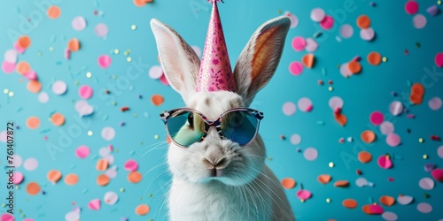 Carnival, Sylvester or other holiday celebrations, fun animal cards - the Easter Bunny with party hats and sunglasses on a blue background with confetti