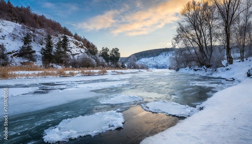 winter landscape with river Nestled along the winding banks of the river  the riverside exudes a sense of calm and tranquility  inviting visitors to pause and immerse themselves in the beauty of natur