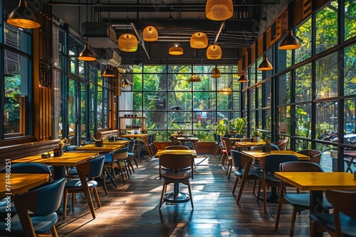 An inviting café atmosphere with yellow chairs, pendant lights, and large windows providing abundant natural light