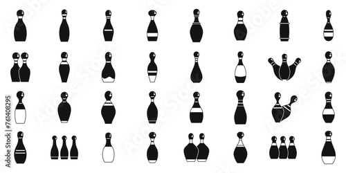 Skittles icons set simple vector. Sport game bowl. Alley shot equipment