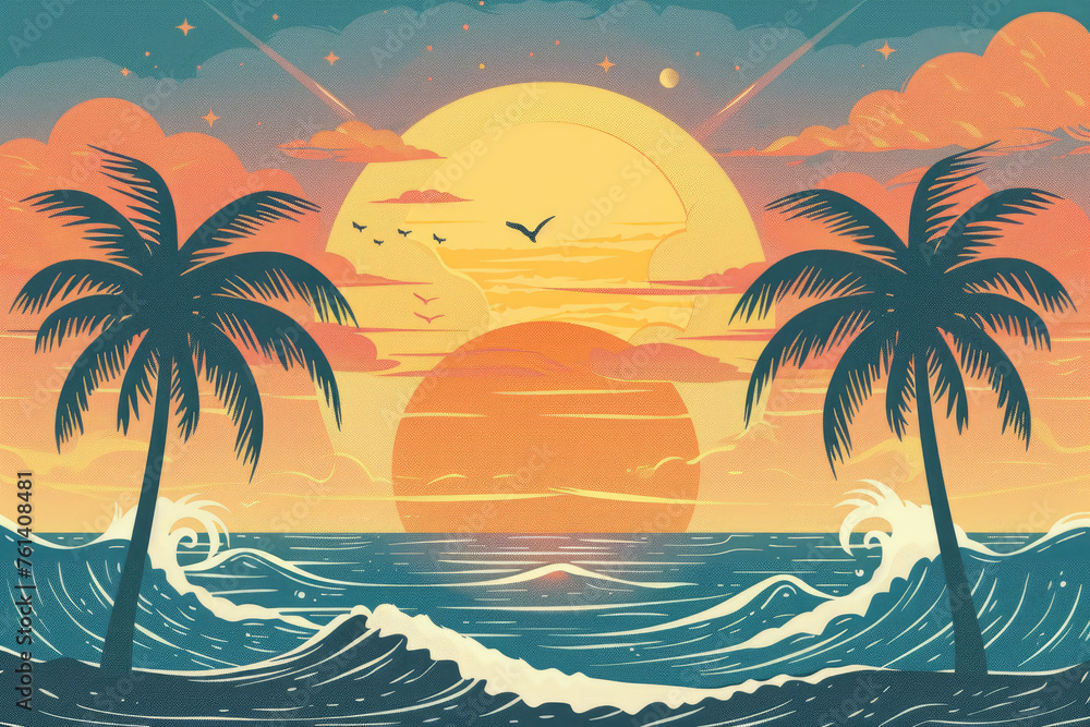 a summer background sun, beach, palm trees, waves, and other symbols of summer,