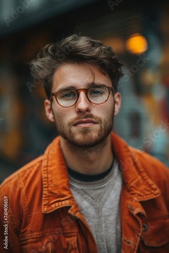 Confident young man with trendy glasses and orange jacket poses in city