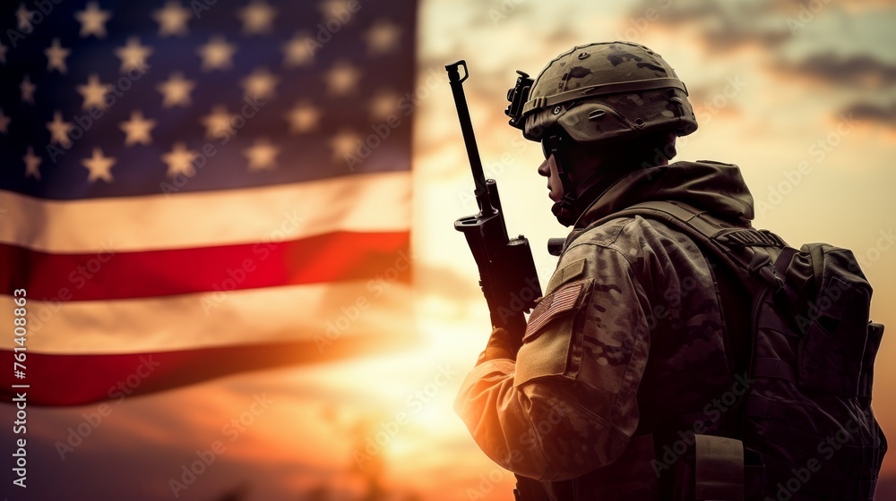 American soldier with flag at sunrise  symbolizing national holidays and patriotism - obrazy, fototapety, plakaty 