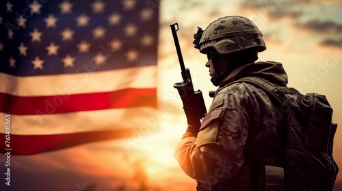 American soldier with flag at sunrise  symbolizing national holidays and patriotism