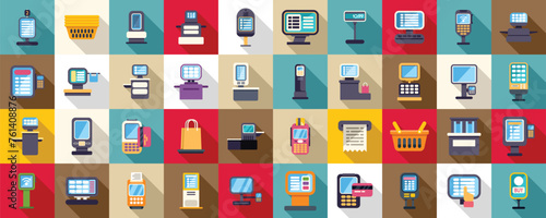 Self service checkout icons set flat vector. Supermarket scan terminal. Shop grocery