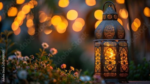 A lantern with a light inside is lit up in a garden