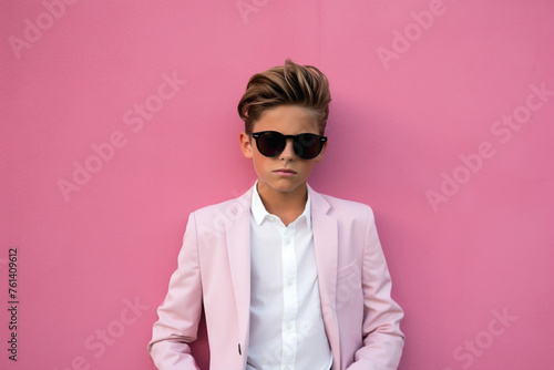 Against a solid pink wall, the kid model showcases his elegance and charm, with sleek sunglasses and perfect hairstyle adding to the allure of the scene.