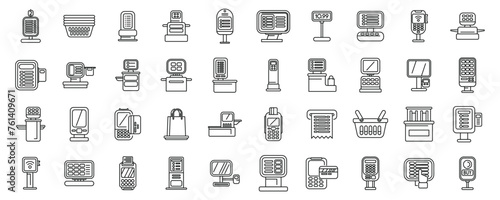 Self service checkout icons set outline vector. Supermarket scan terminal. Shop grocery photo