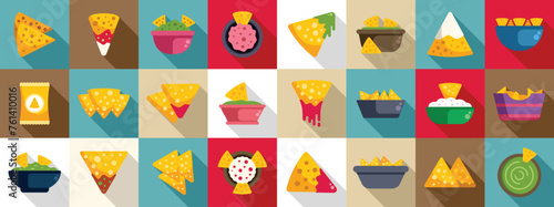 Nachos icons set flat vector. Mexican dip food. Party restaurant salsa