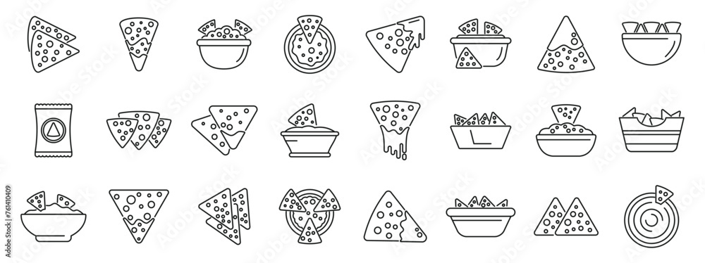 Nachos icons set outline vector. Mexican dip food. Party restaurant salsa Nachos icons set outline vector. Mexican dip food. Party restaurant salsa