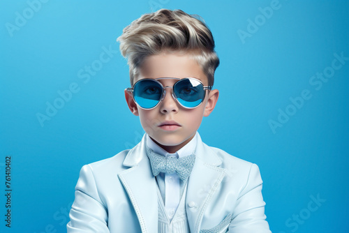 The kid model stands against a solid blue background, his attire and demeanor reflecting timeless elegance and sophistication, while futuristic elements enhance the visual appeal.