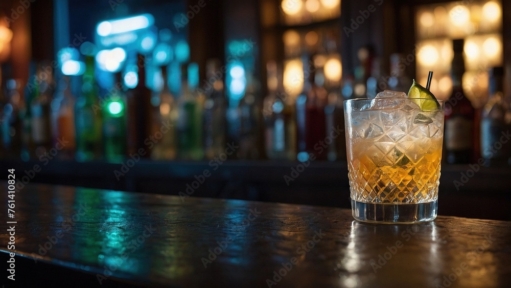 drink in glass on wooden table bokeh bar image 