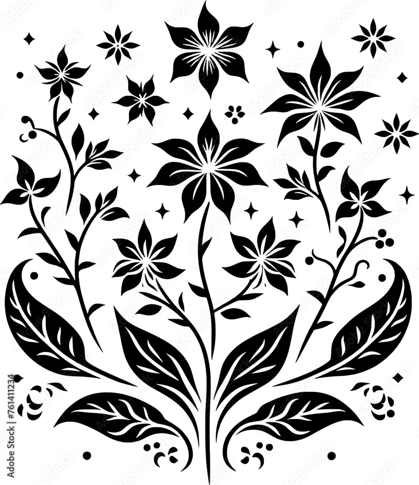 Batik pattern floral background with flowers and leaves. Black and white vector illustration.