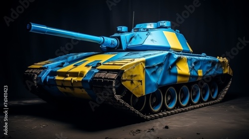 Ukraine flag adorned battle tank  symbol of military might and defense on the battlefield