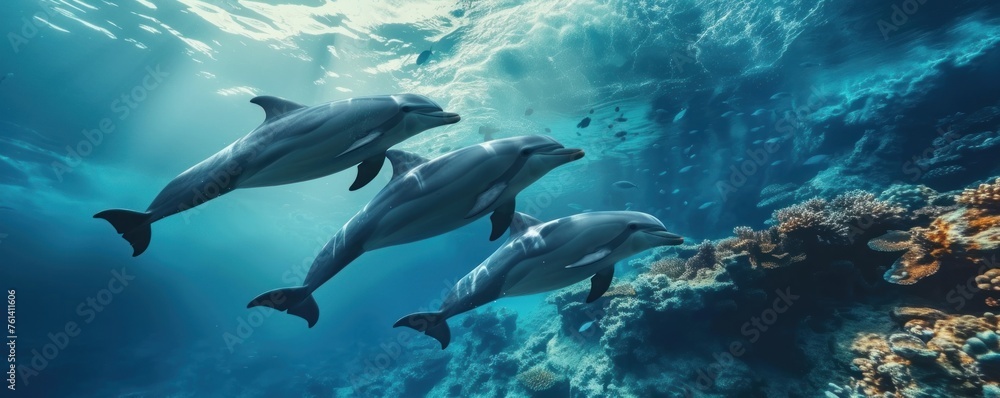 Dolphins swimm together in underwater world