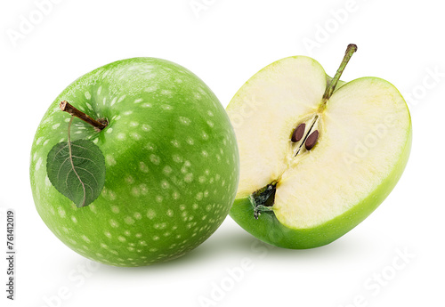 Green apple one cut in half with green leaf