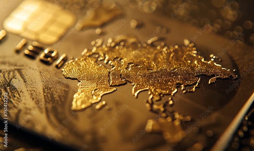 Global Finance Symbolized, Macro View of Gold Credit Card with World Map Design Global Finance Symbolized, Macro View of Gold Credit Card with World Map Design