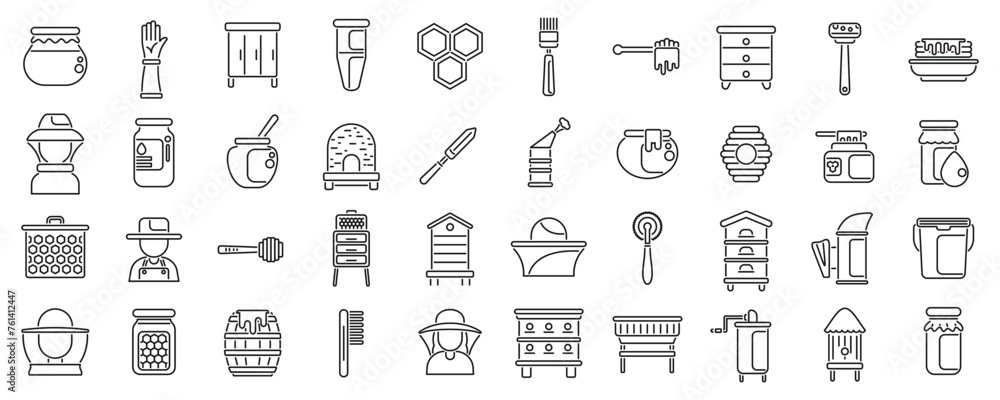 Apiarist icons set outline vector. Honey beekeeper. Food bee flower propolis