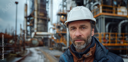 Portrait of a male builder, engineer on the background of a construction site. The hard helmet, overalls. Wrinkles, tired, experienced look photo