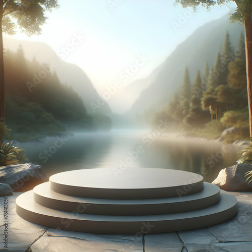 Photoreal 3D with Stone Podium with a blurred or bokeh background of a Tranquil Lake View