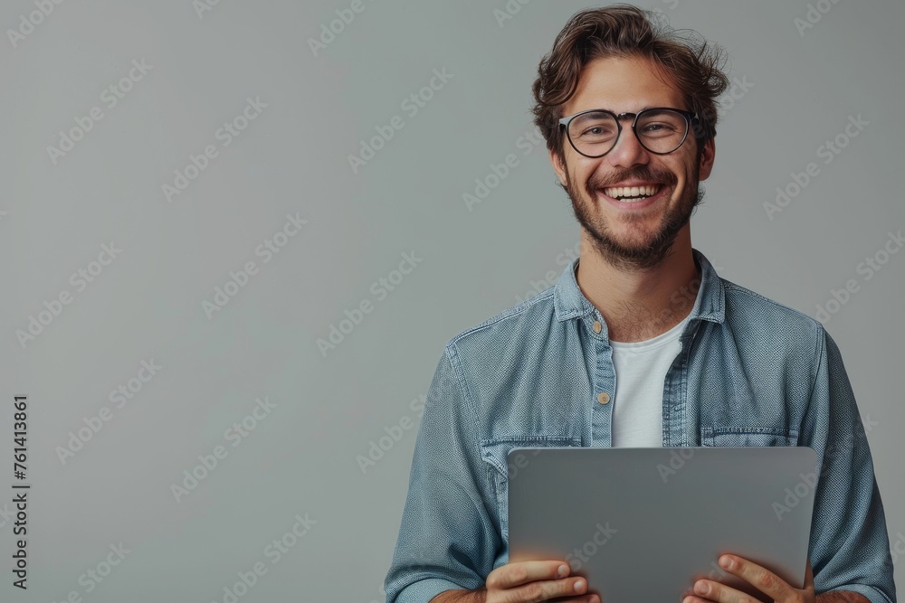 Confident male programmer working on a project with laptop Confident male programmer working on a project with laptop
