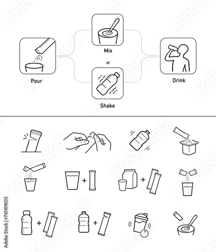 Icons of stick package bag set with samples, preparation instructions. Vector elements for infographics. Set of sign for detailed guideline. Ready for your design. EPS10.