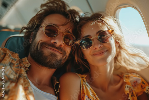 Travelers couple man and woman sitting in airplane traveling together and taking selfie